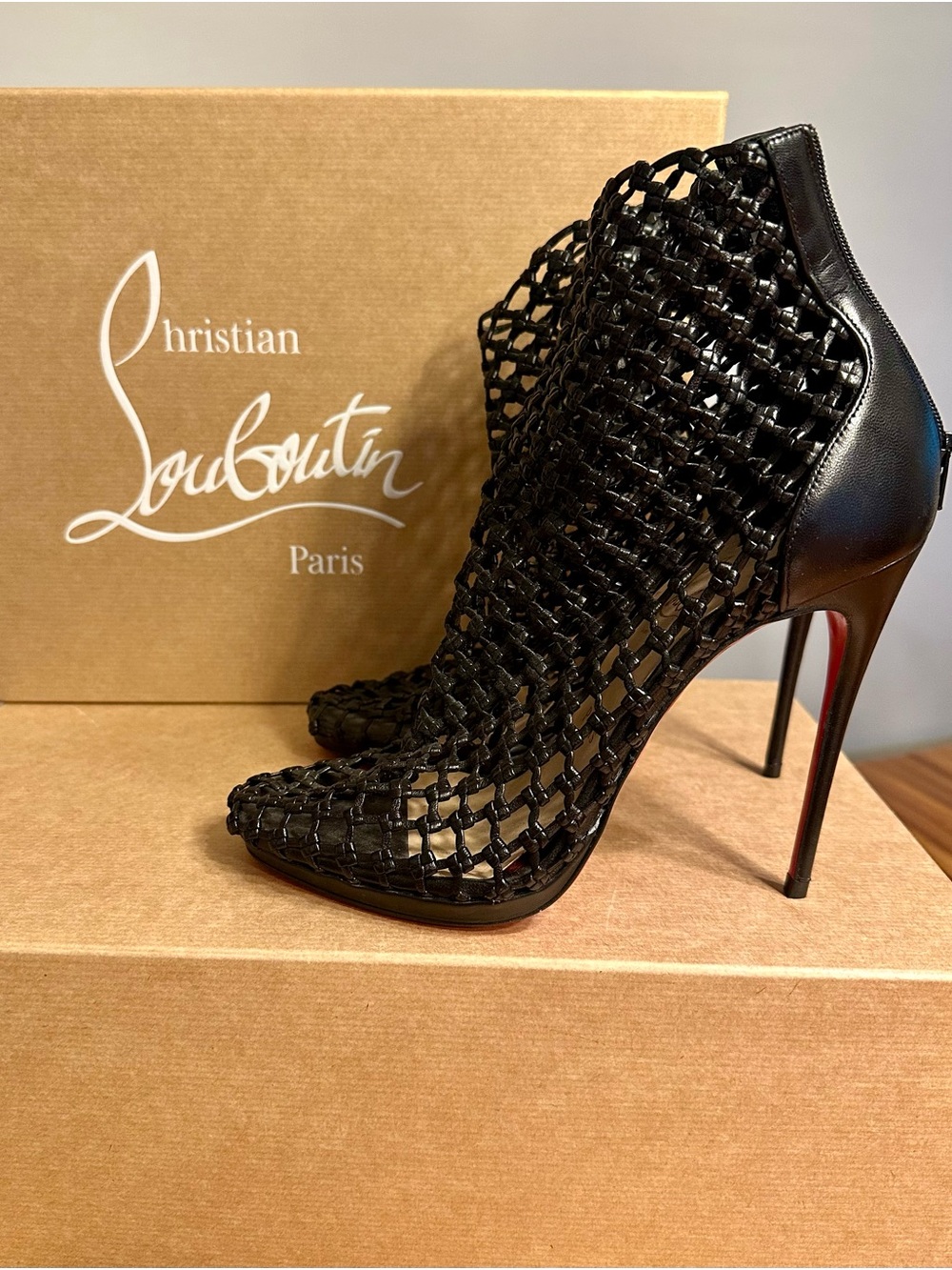 Christian Louboutin Cage Woven Leather Booties - Black - Size 38 $650
